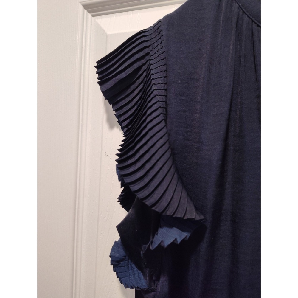 Banana Republic Women's Flutter Sleeve Blouse Ruffles Navy Blue V-Neck tie Small - Picture 6 of 7